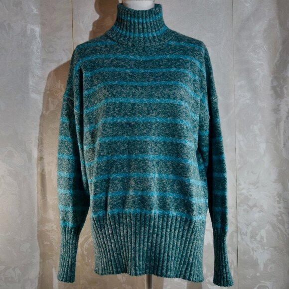 Eddie Bauer Vintage Teal & Gray Striped Turtleneck Sweater | Mohair Wool Blend - Picture 1 of 6